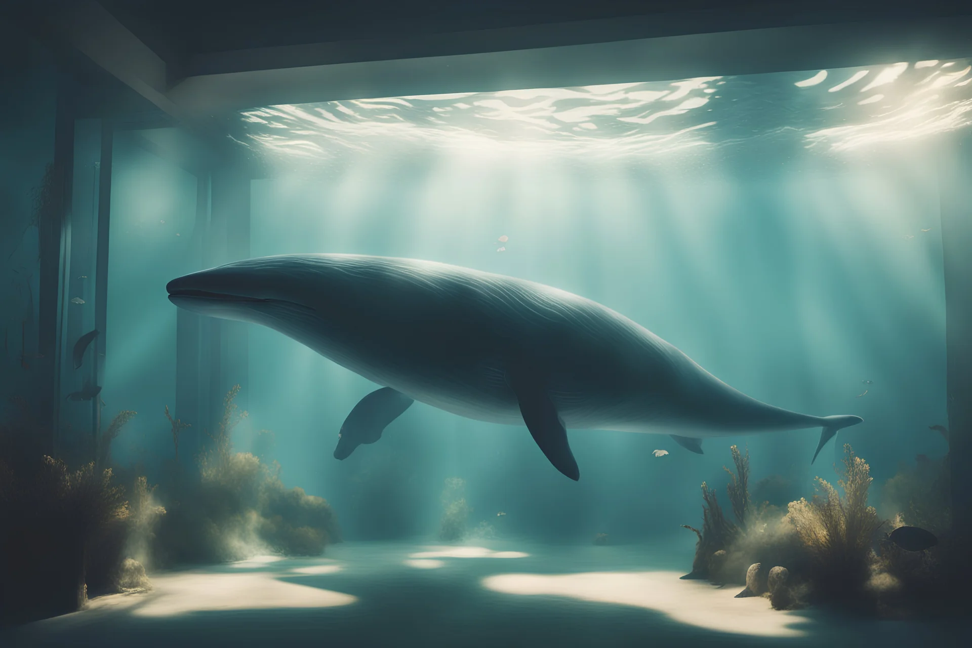 dinamycally swimming antropomorph cat whale in an aquarium in sunshine, ethereal, cinematic postprocessing