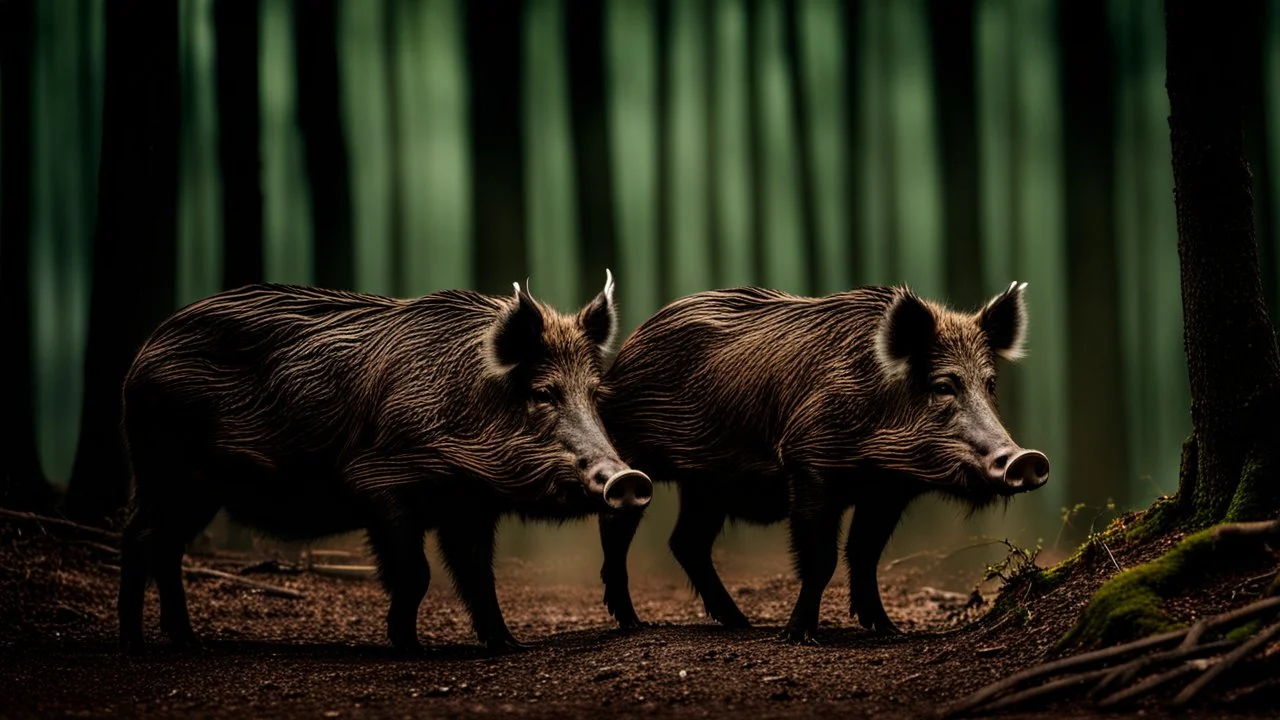 wild boars with long tusks in woodland