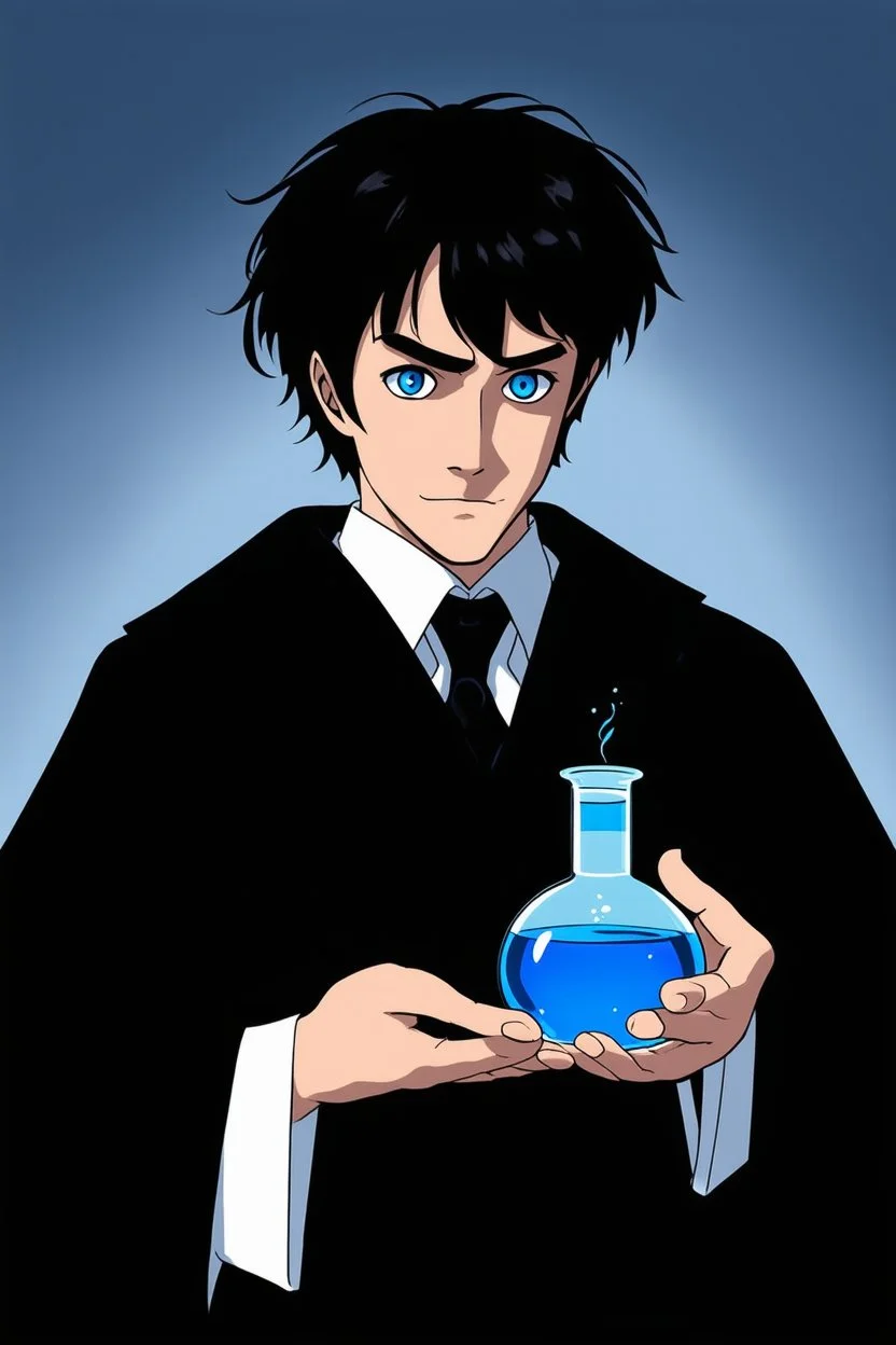 black hair, blue eyes,19year old, male, wearing black robes, alchemist, holding a flask full of blue liquid, in the style of Charles Addams