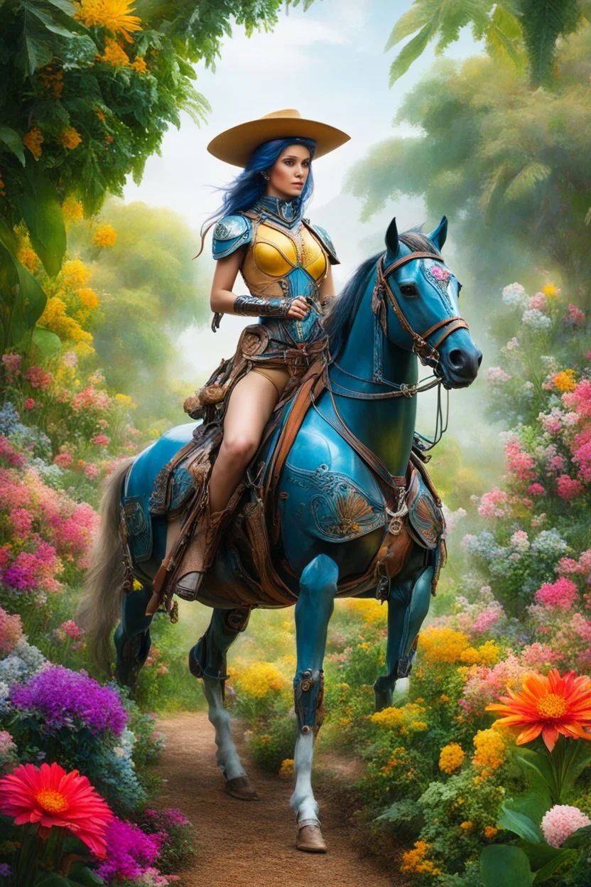 A colorful futuristic robotic cowgirl supermodel she on ridding horse in farmer surrounded by a lush garden of exotic flowers