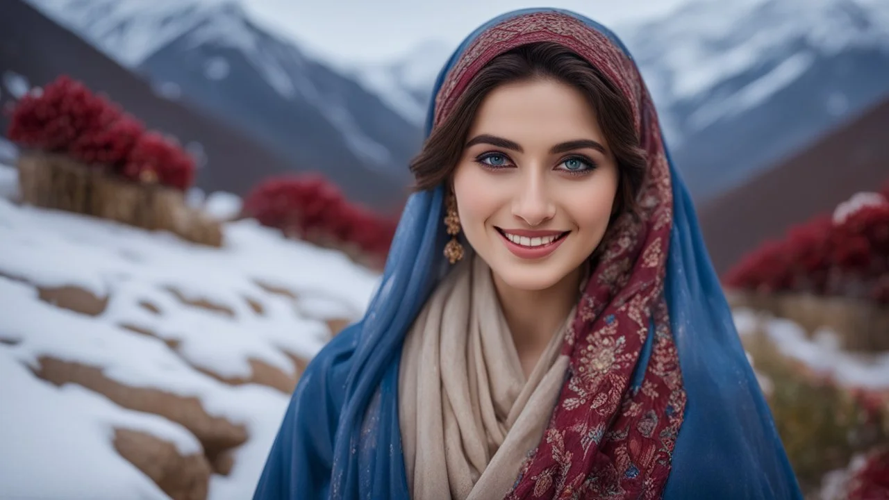 Hyper Realistic close-up-view of a Gorgeous-Young-Pashto-Women-with-beautiful-blue-eyes smiling & whirling wearing blue-grey-dress & beige-shawl-with-maroon-embroidery on mountains-with-flower-garden at snowfall night withy dramatic & cinematic ambiance