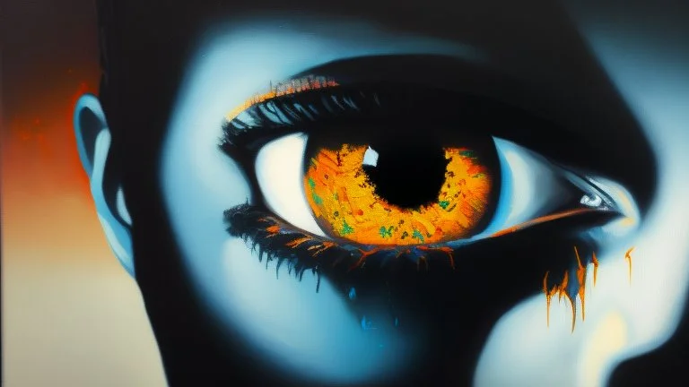 An oil painting art with a dark theme that evokes the words "But now he has eyes of a different color"