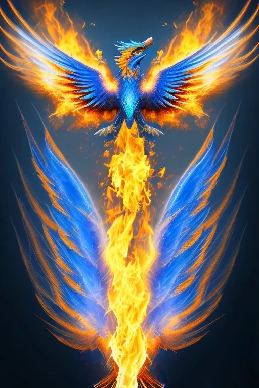 blue phoenix, flaming wings, balanced, beautiful, smooth, flying, graceful