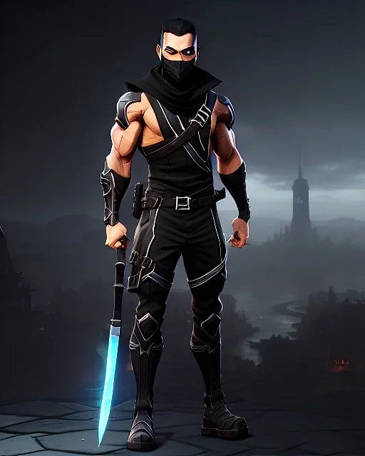 muscular ninja assassin, athletic build, wearing black and gray baggy pants with pockets, black hood and black balaclava mask, big boots, buckles, straps, daggers, dark hazel eyes, eyes are both in proportion and green, 3/4 look, standing, dark cobblestone alley, candle light behind head, intense, non photorealistic rendering in the art style of j.scott campbell