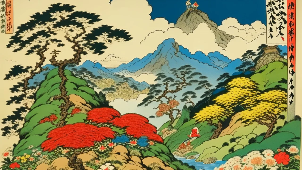 An illustration by Kuniyoshi and Dali of a landscape of blooming flowers and lush vegetation.