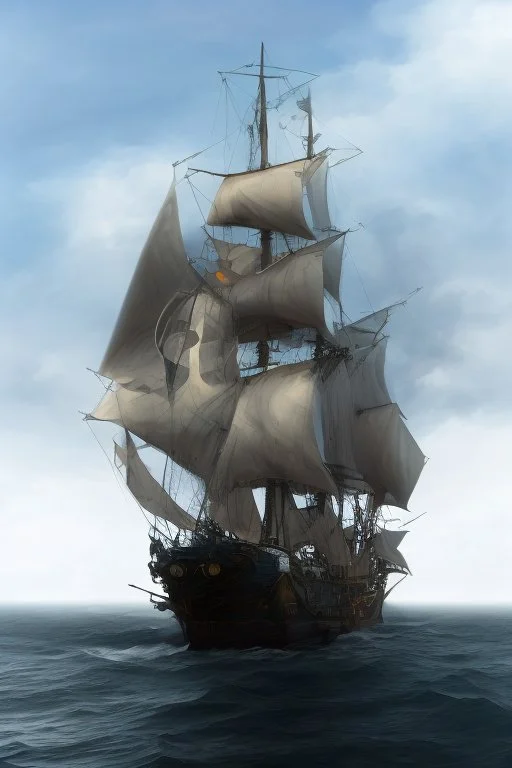 front view of a ship with a spider figurehead in stormy weather