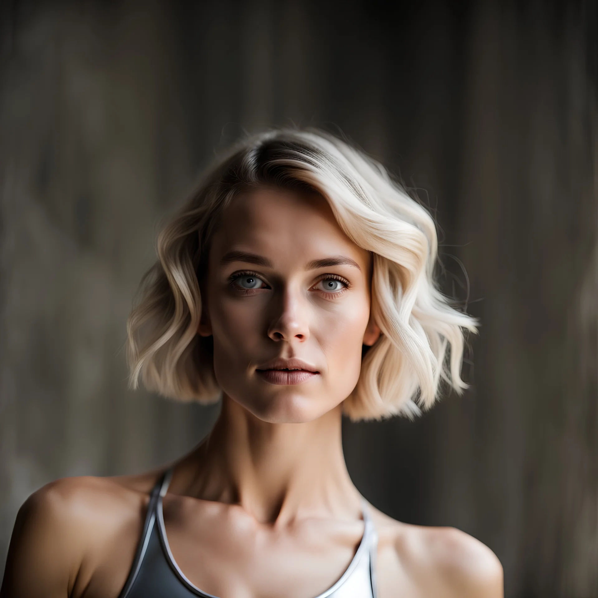 beautiful young woman, short grey metallic triathlon swimsuit, short blond wavy bob hair, blurred concrete background