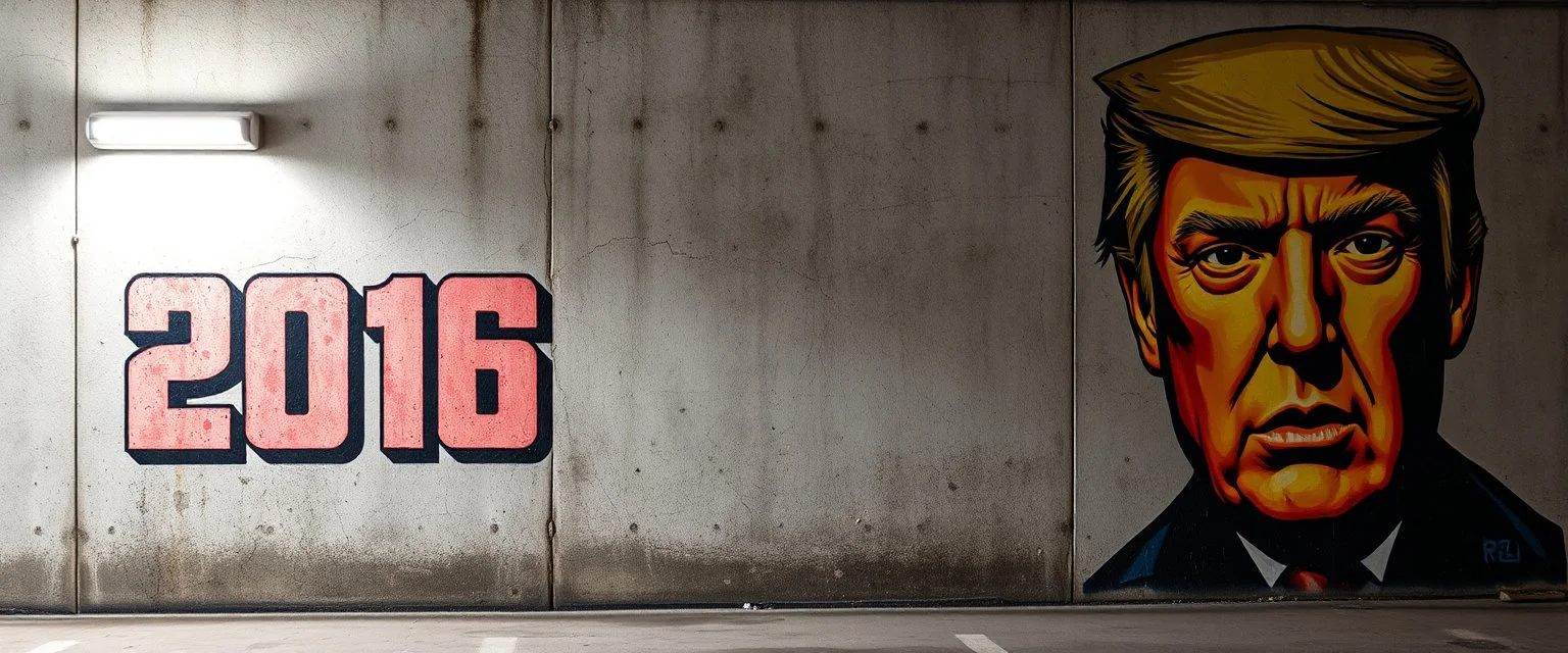 background of wall(wet textured concrete, gray, old, cracked, stained, 1 wall light) from underground parking, german style, a large blocky upside down "2016" painted on left(old faded paint), cyberpunk, to the right a larger mural(face cropped above nose, scornful, trump, from 1984)