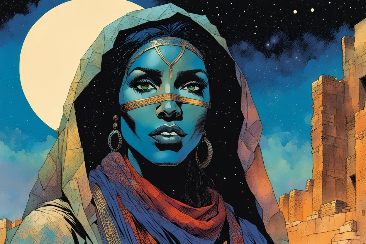 create an imaginative illustration of a Tuareg female, in traditional dress, with finely detailed facial features, in the ruins of Djado under the midnight sky, in the comic book art style of Bill Sienkiewicz, Mike Mignola, and Jean Giraud Moebius, finely textured, drawn, colored, and inked