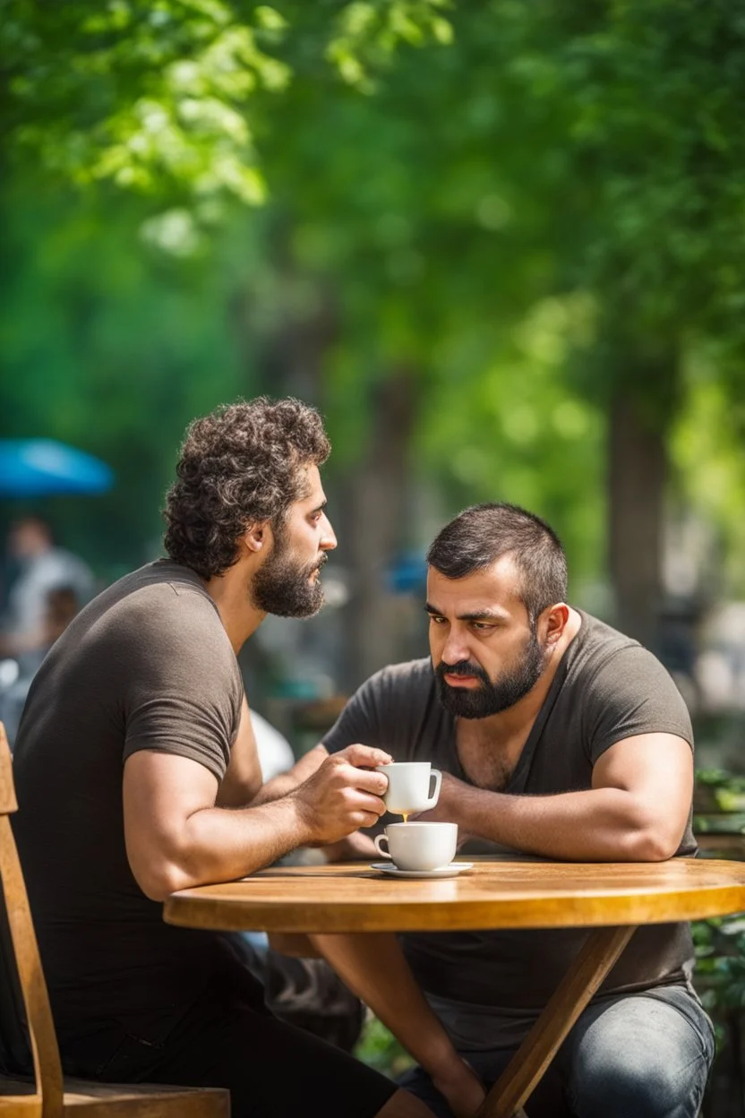 half figure photography of an ugly turkish barman servicing one coffee at the table, big chubby shirtless short beard short hair, mainly chest very hairy 25 years old man, in a public park of Istambul , sunny day, sweat, wet, big shoulders, angry eyes, photorealistic