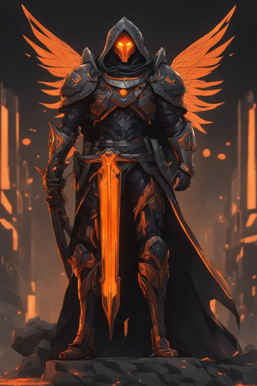 Warrior, solo leveling artstyle, black custom, Reaper them, neon orange details, Apiary of death , full body, apocalypse, intricate details, highly detailed, high details, detailed portrait, masterpiece,ultra detailed,best quality
