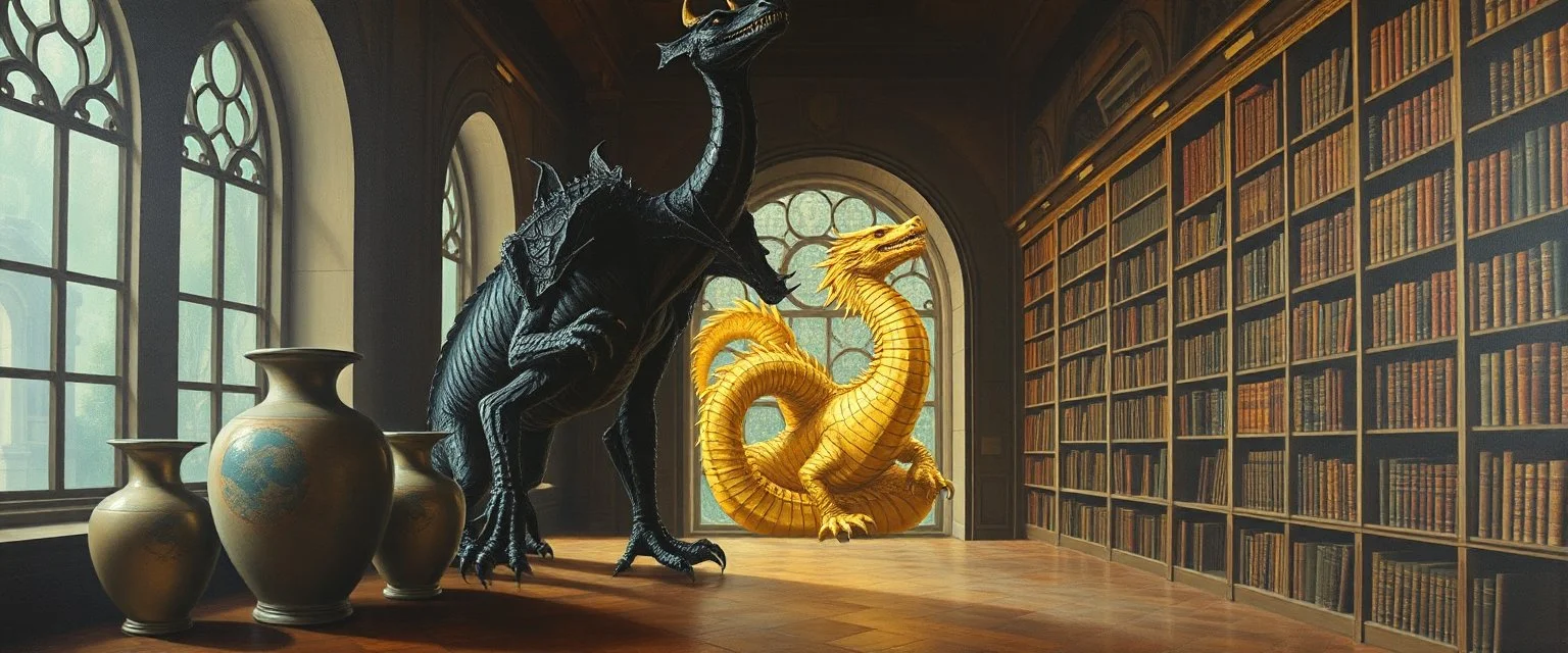 master oil painting by Escher and Giger, glaring vases and black humanoid dragon and hidden golden dragon inside library