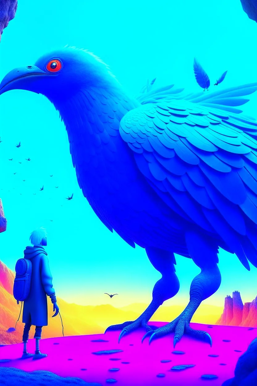 giant blue bird attacking small man in the metaverse style of beeple