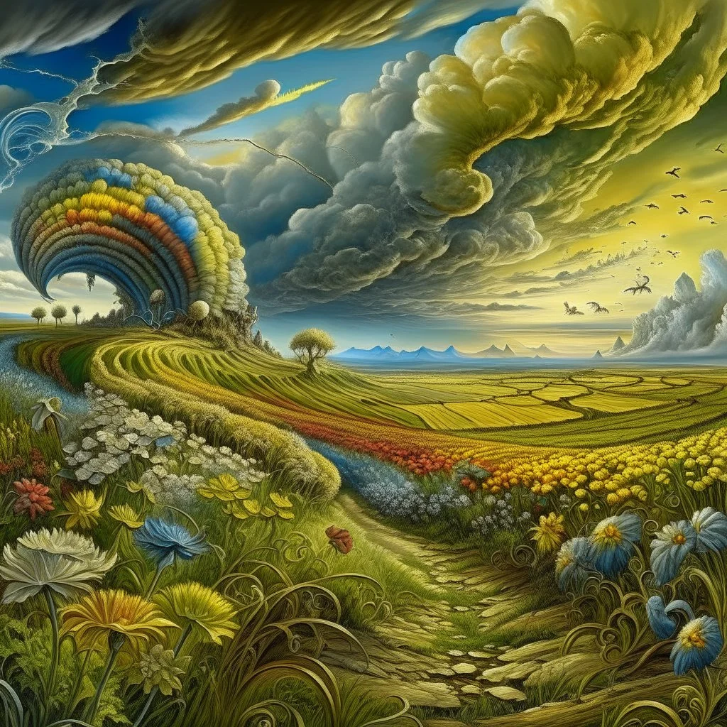 A collaboration between Salvador Dali, Vincent Van Gogh, and Jean Baptiste Monge. Swirling rainbow storm clouds over a vast field of long grass and plentiful flowers swaying in the winds. Modifiers: highly detailed elegant extremely detailed fantasy intricate high detail fantastic view close up ultra detailed