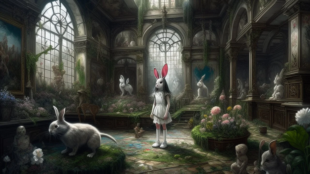 Una enorme sala victoriana abandonada convertida en invernadero, donde una niña adulta de aspecto misterioso —mayor de 21 años— permanece inmóvil junto a un gigantesco conejo blanco mecánico cubierto de pequeñas flores. Alrededor, juguetes antiguos, frutas desproporcionadas, mariposas y objetos simbólicos cuidadosamente dispuestos crean una atmósfera inquietante y enigmática. Estética de pintura figurativa surrealista de acabado extremadamente pulido, composición teatral, paleta pastel apagada c