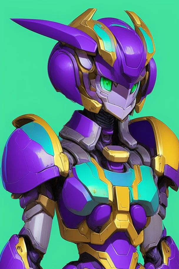 One Genderless Cyborg made of old metal, has a human like face with a really long violet ponytail, the armor is similar to Omega from Megaman. The color palatte of the armour is deep purple and yellow. They have clear visor, and have Turquoise colured eyes.