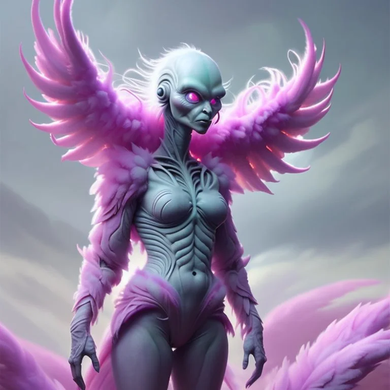 extraterrestrial being, female, bipedal, otherworldly, pastel pink fur-covered skin, large lavender eyes, long feathery tail, alien, intricately designed, highly detailed, Greg Rutkowski