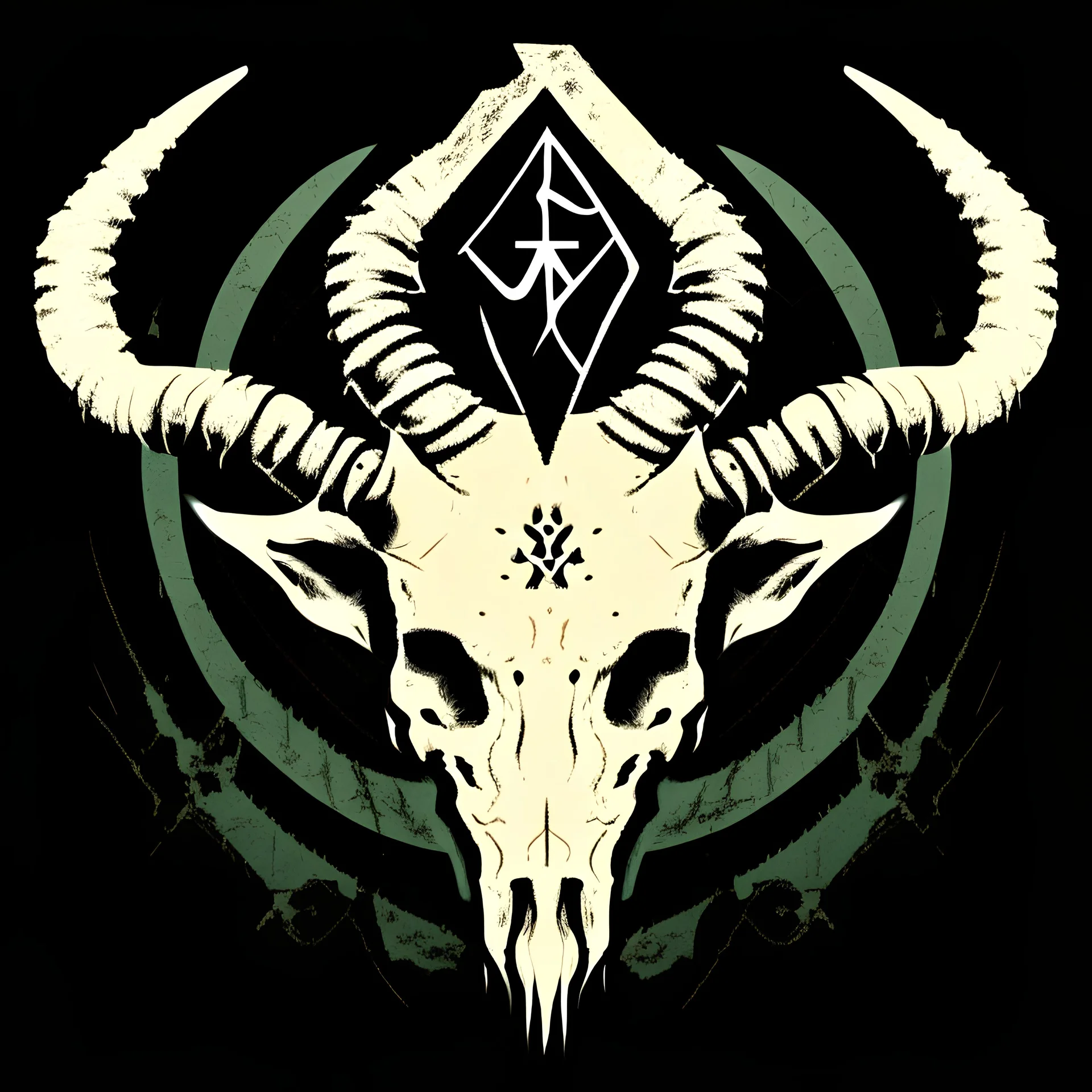 create a vector style illustration of a horned goat skeleton with cave drawings on its forehead