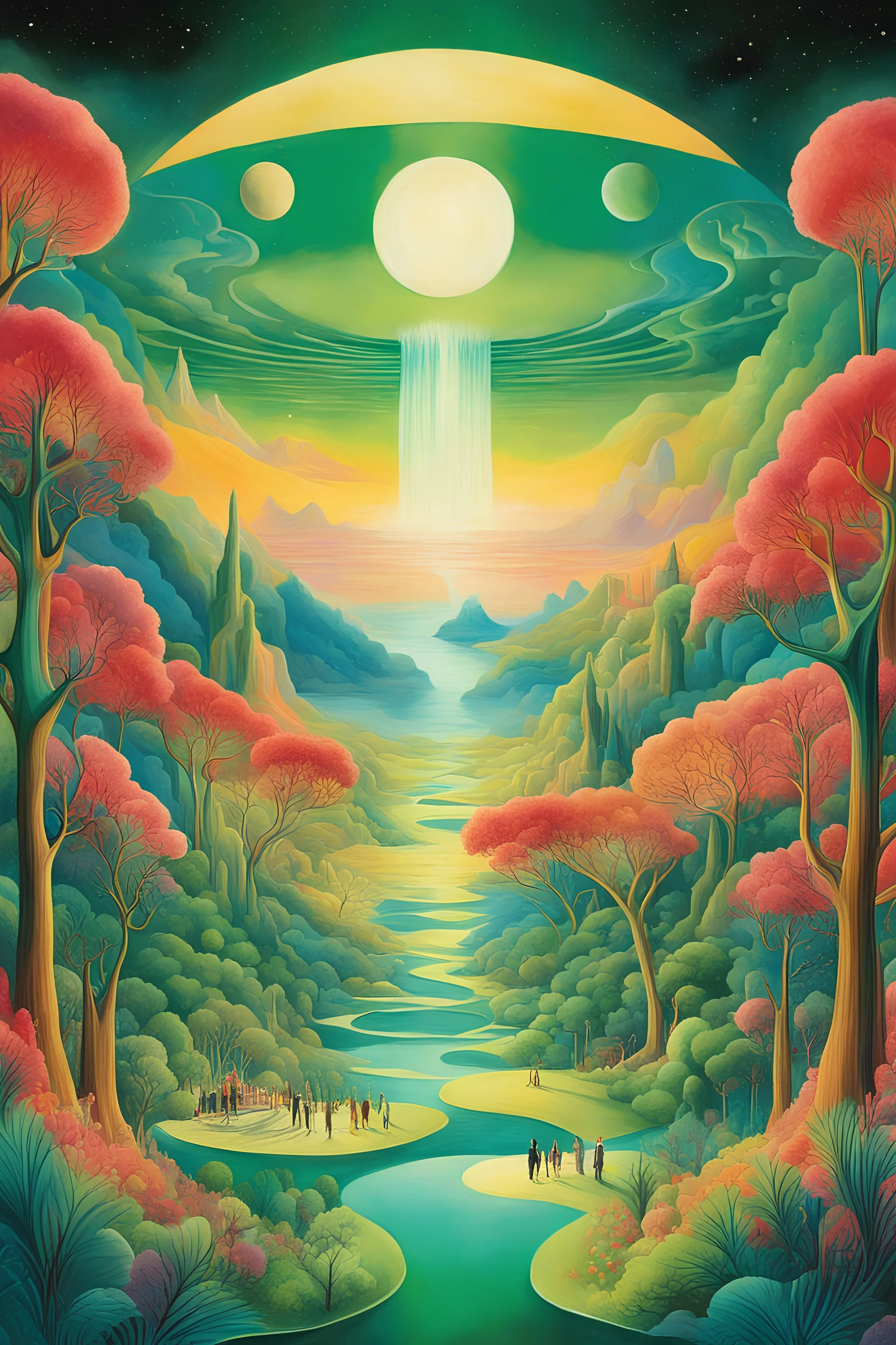 breathtaking illustration of a surrealist scene like a dream in the style of art deco and Salvador dali, a concert in the green , strange alien band, vivid colours, is an lsd escene, (illustration:1.3), masterpiece, breathtaking illustration, natural beauty