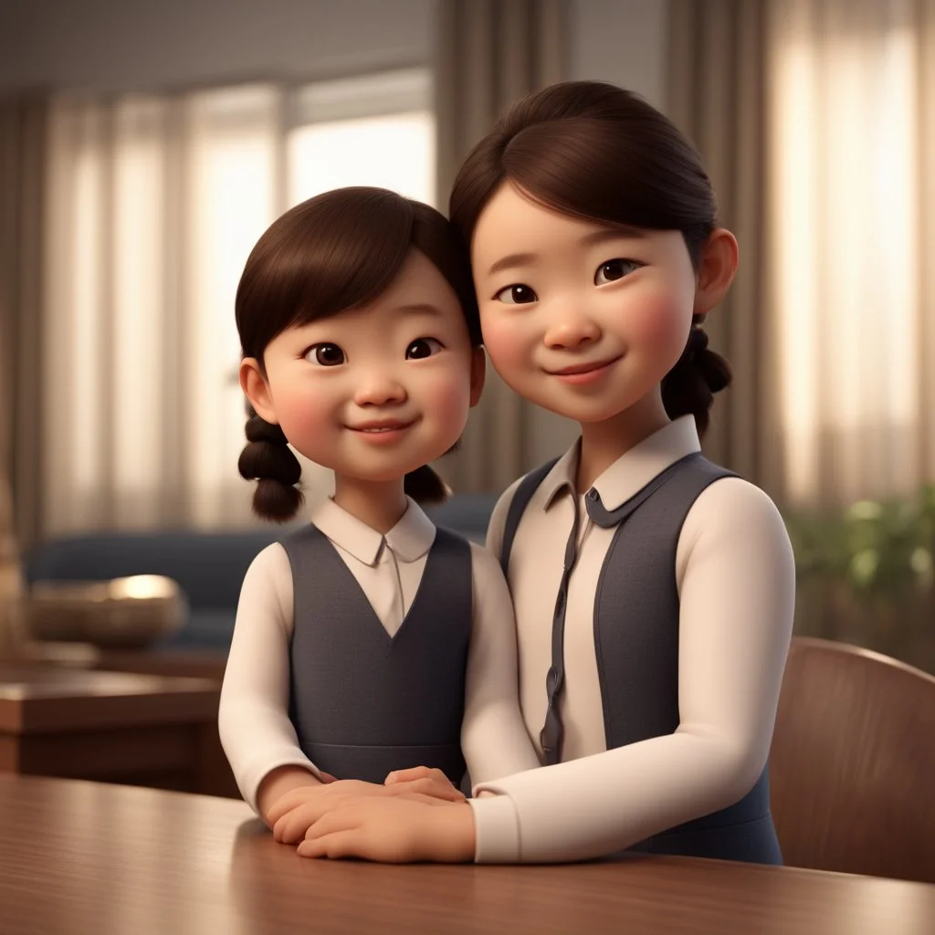 a portrait of smiling cute beautiful chinese little woman wearing formal shirt. medium dark brown hair. fair skin. dark brown eye pupils. small nose. heart face shape. pixar style. 3D. 4k. portrait. highly detailed. sharp focus. high resolution. full color. cinema lighting