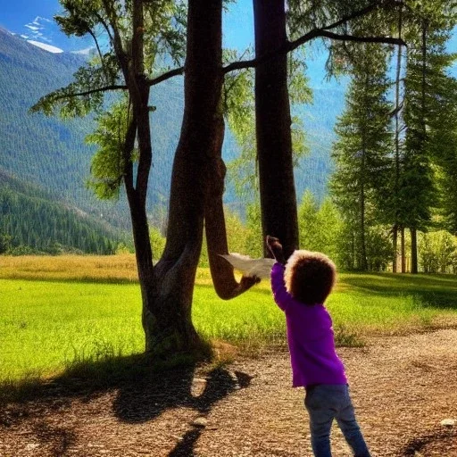 A child plays with a bird among the trees, the sun is shining, and the mountains are high.