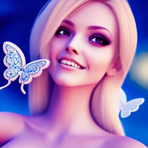 Full body Princess, sexy woman blondie, make up, beautiful smiling face,blue eyes, beautiful place,amazing, flowers, colors, blue and pink butterfly, realistic, photo real, stars night, detailed, high contrast, 8k high definition, unreal engine 5, extremely sharp detail, light effect, light background