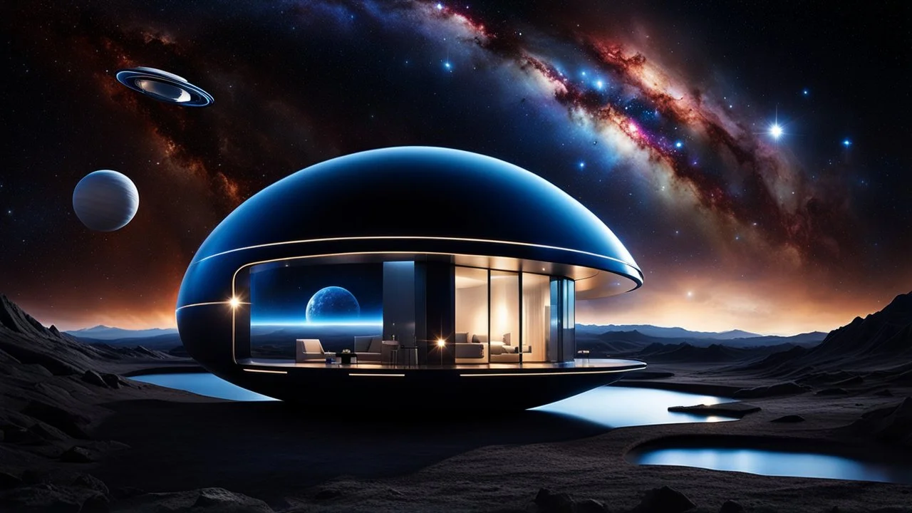 photorealistic futuristic unique house flotaing in big space in outer space in a star nebula, streamlined futuristic spaceship floating in front, nebula behind, stars, tiny planets in the distance, dark blue deep space Professional photography, bokeh, natural lighting, canon lens, shot on dslr 64 megapixels sharp focus, stunnig, cinematic