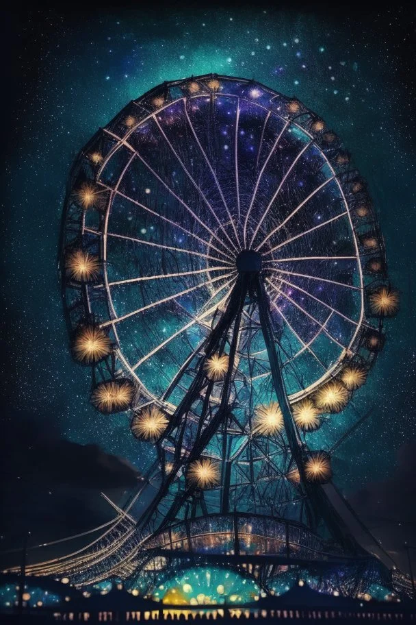 night, downtown, party centre, glowing Ferris wheel, starry sky in starshine