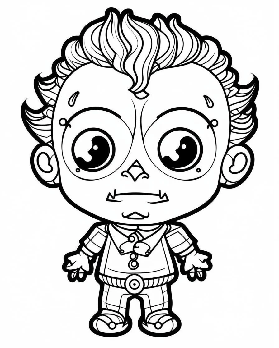 outline art for halloween coloring pages for kids with cartoon cute happy frenkeinstein , white background, Sketch style, full body, only use outline, clean line art, white background, no shadows and clear and well outlined, coloring page for kids, kawaii style