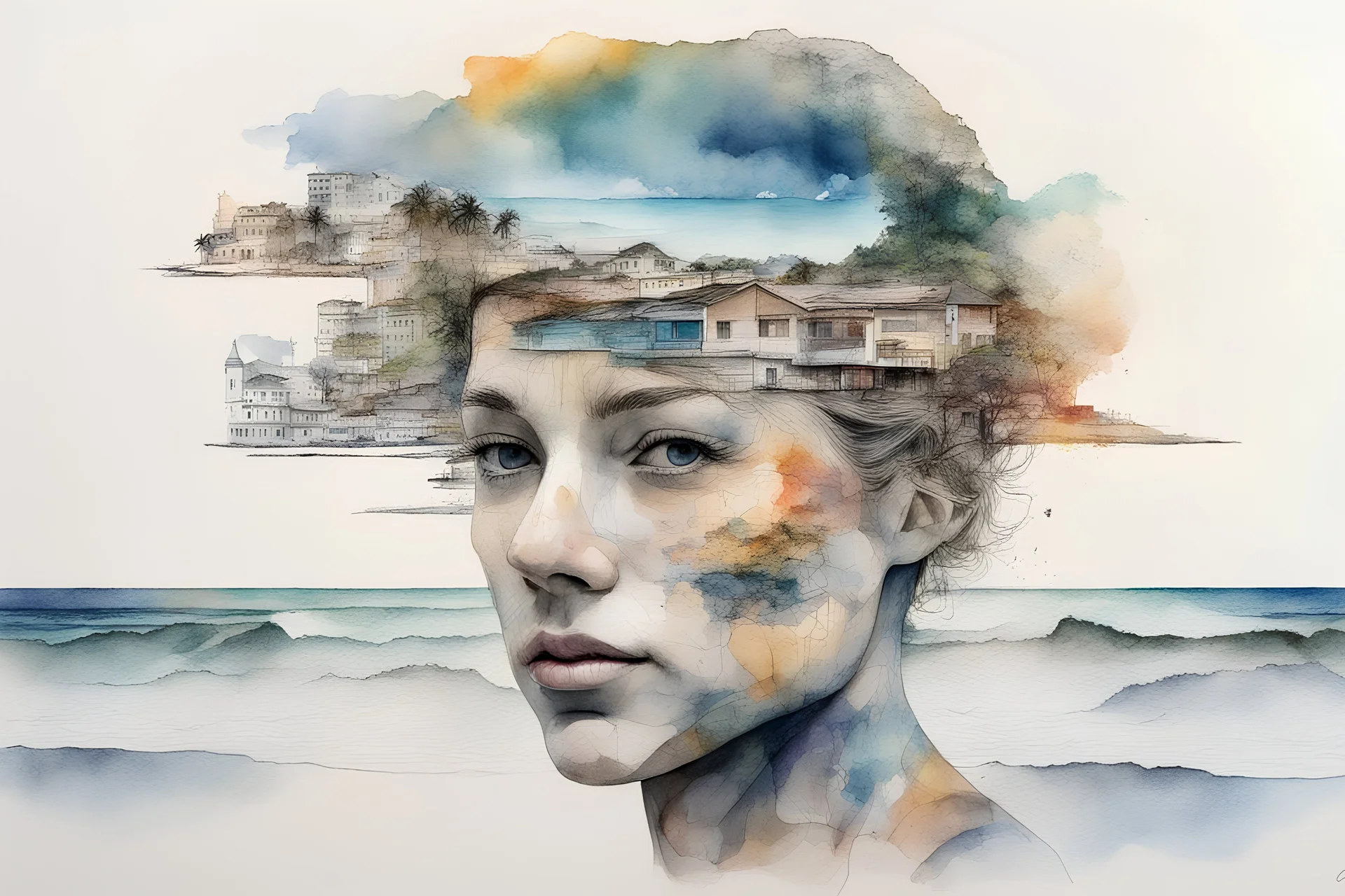 Beach, head, state, portrait art with explication application, watercolor and pen, layered structures, double exposure, combined products and pencil