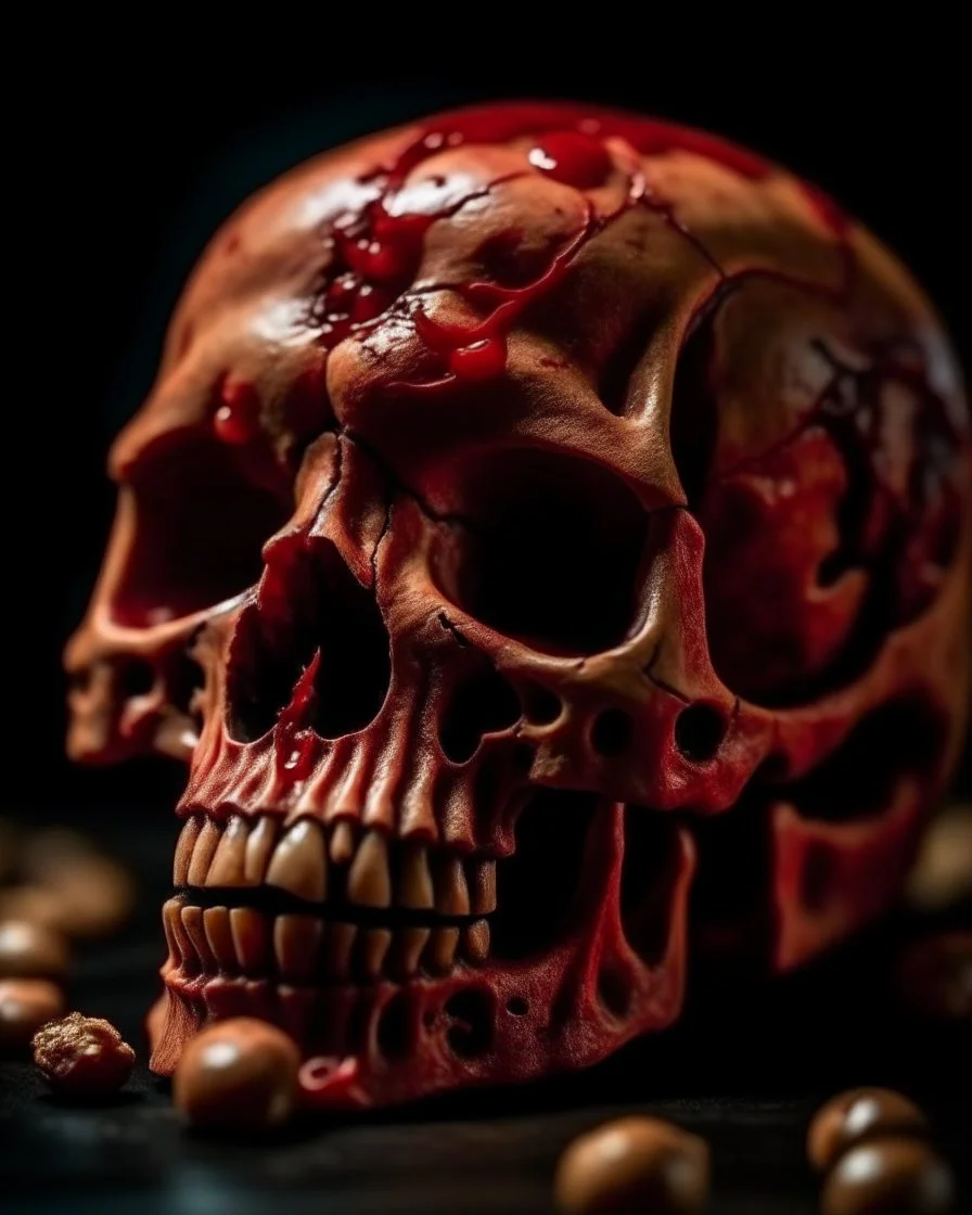 skull with crushed inside really darkred fleshy stomach filled with digestive juices in eyes, intricate, 8k, macro photography ,