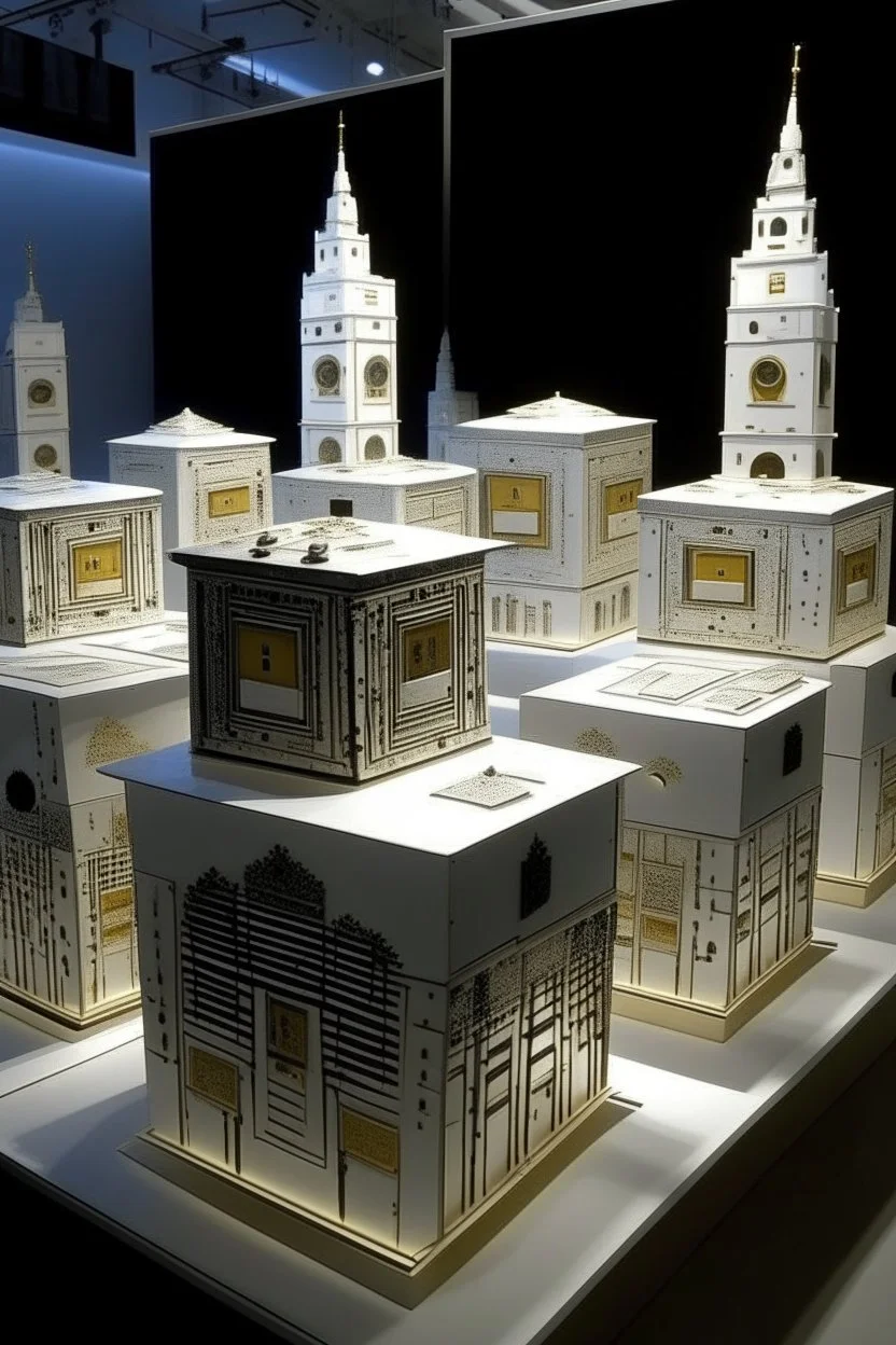 A white city made out of speaker boxes painted by Peter Carl Faberge