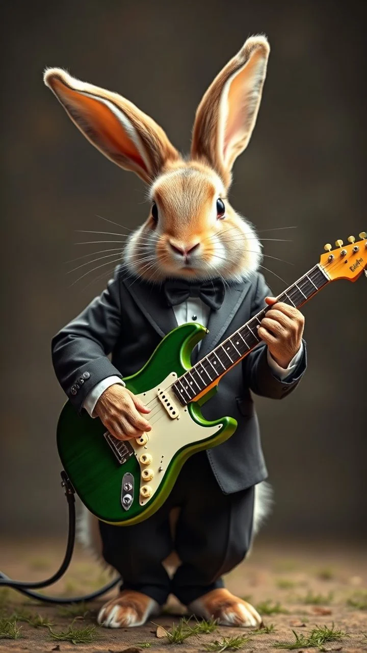 A rabbit wearing a tuxedo and wearing plying an electrical guitar