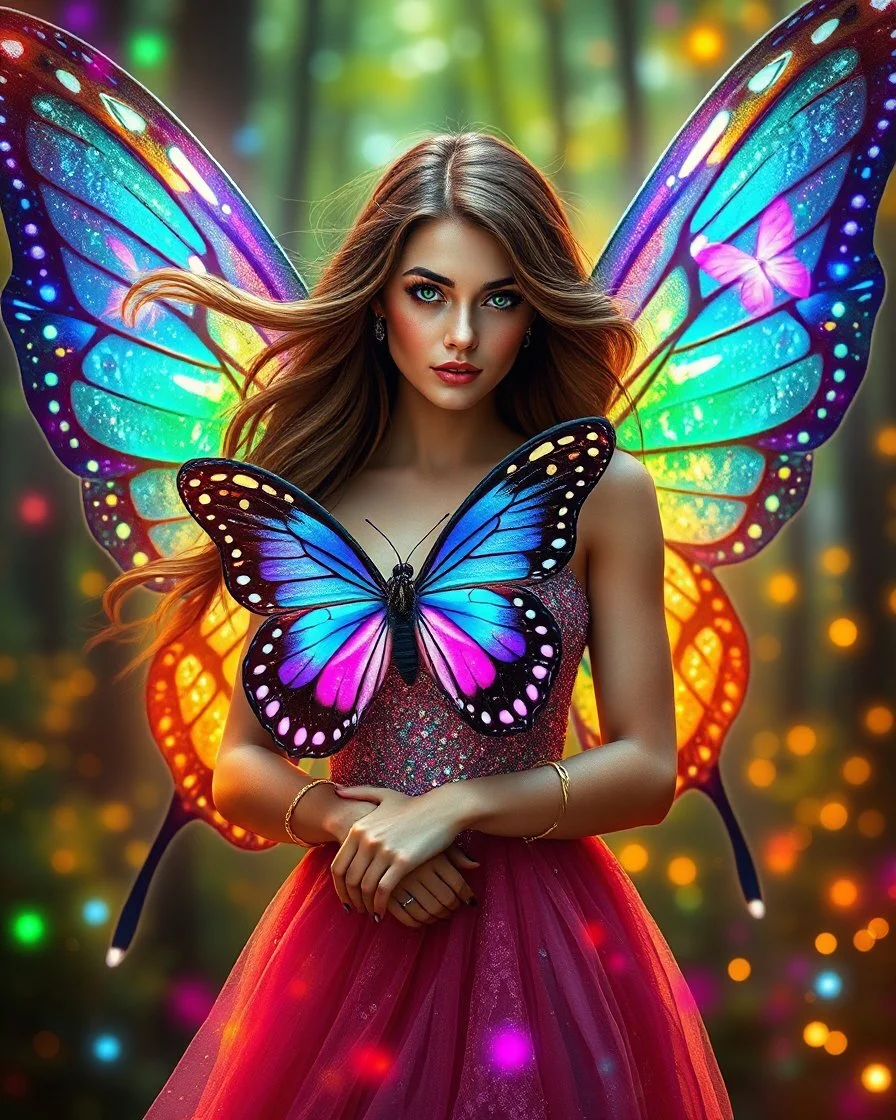 Gorgeous Photography Ultra Realistic Natural Beautiful Butterflies woman straddle wings with gown shiny brown flowing hair, glitter colorful Butterflies wings, lovely glowing green eyes, surrounded by magical colorful forest and flickering lights, digital photography, kaleidoscope, vibrant colors, vivid colors, colorful,in magic forest full sparkling light