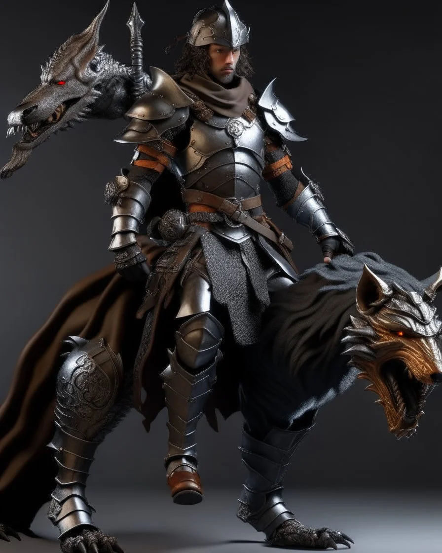 Warrior warrior with leather and metal clothes A combination of a dragon and a wolf and a commander riding on it Warrior warrior with leather and metal clothes and robotic metal