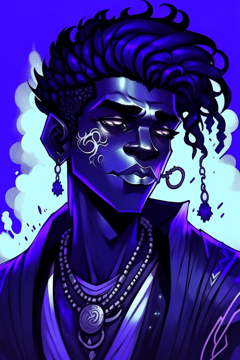 Male Air genasi fra d&d with black skin smoke some hair an Asian skin ghostly appearance with a Smokey undertone mork