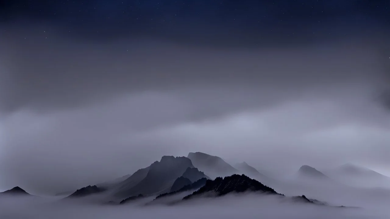 misty foreground and night sky, no sun, single narrow mountain peak coming through the mist