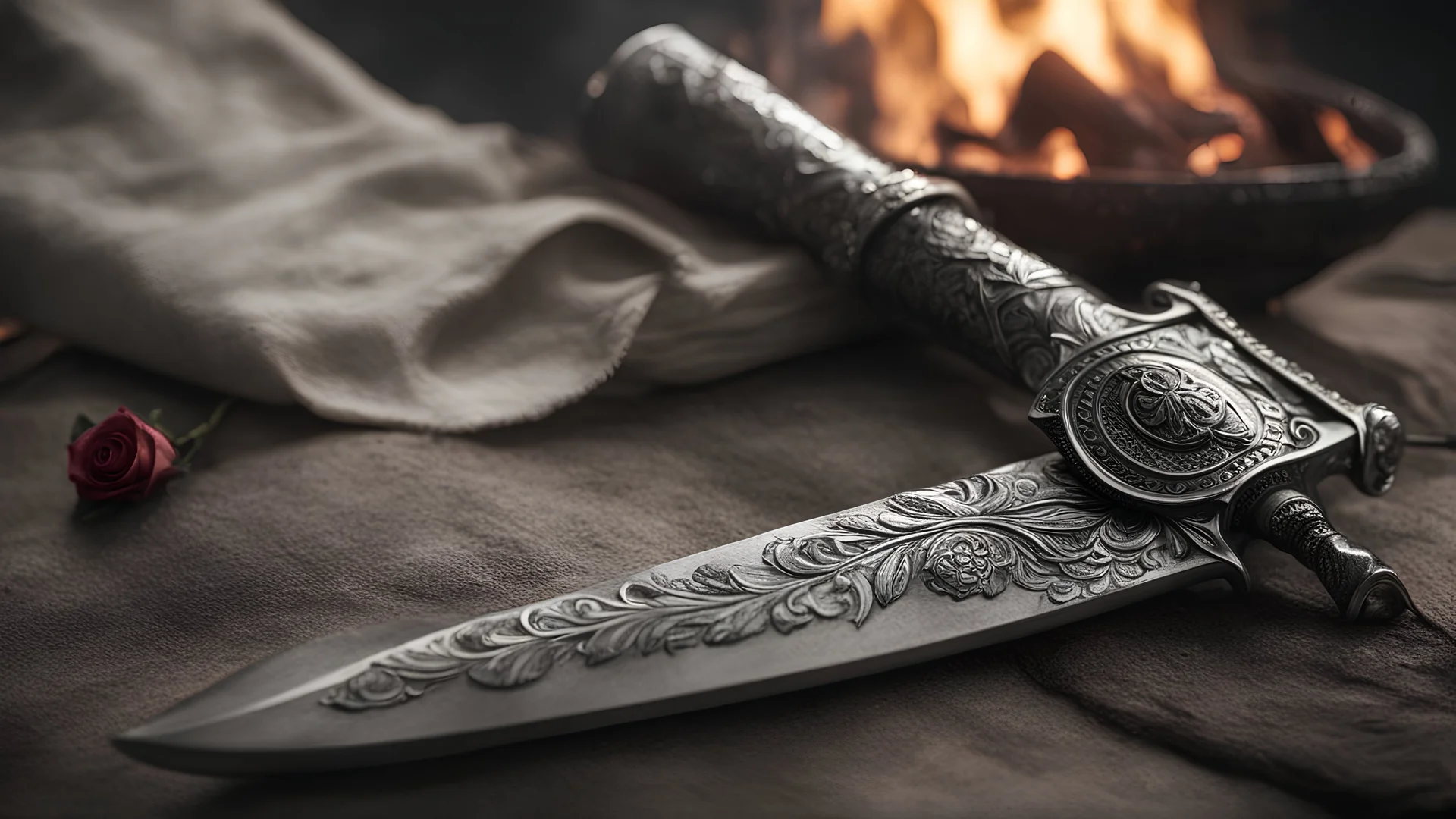 photoreal magnificent engraved feathered dagger engraved with engraved crossed roses engraved crest lying next to a campfire by lee jeffries, otherworldly, in the style of fantasy movies, photorealistic, shot on Hasselblad h6d-400c, zeiss prime lens, bokeh like f/0.8, tilt-shift lens 8k, high detail, smooth render, unreal engine 5, cinema 4d, HDR, dust effect, vivid colors