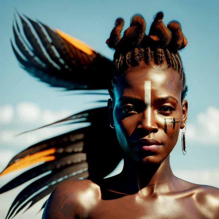 A beautiful portrait of a cyberpunk cyborg black tribal woman with lot's of grain on her skin and big tribal tatoos all over the skin, with natural hair floating in the wind cyborg smiling facing camera orange color scheme, high key lighting, volumetric light high details with white stripes and feathers unreal 5, octane render, cinema4d, dynamic lighting, dramatic lighting, 4k, redshift render, highly detailed, hyper realistic