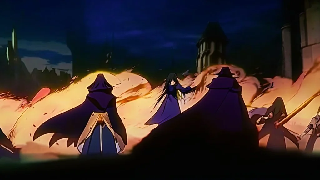 Adventurer party of four people, standing before a dark castle