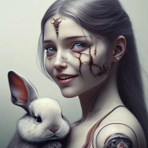 a cute smiling girl holding her toy bunny, tattoo in her face, michelangelo oil painting, steam punk, scary, horror, realistic, made in octane, cinematic, ultra-realistic, extremely detailed octane rendering, 8K, VRAY Super Real ar 2:3, dof photorealistic futuristic 50mm lens hard lighting dark gray tintype photograph, realistic lighting, sephia colors