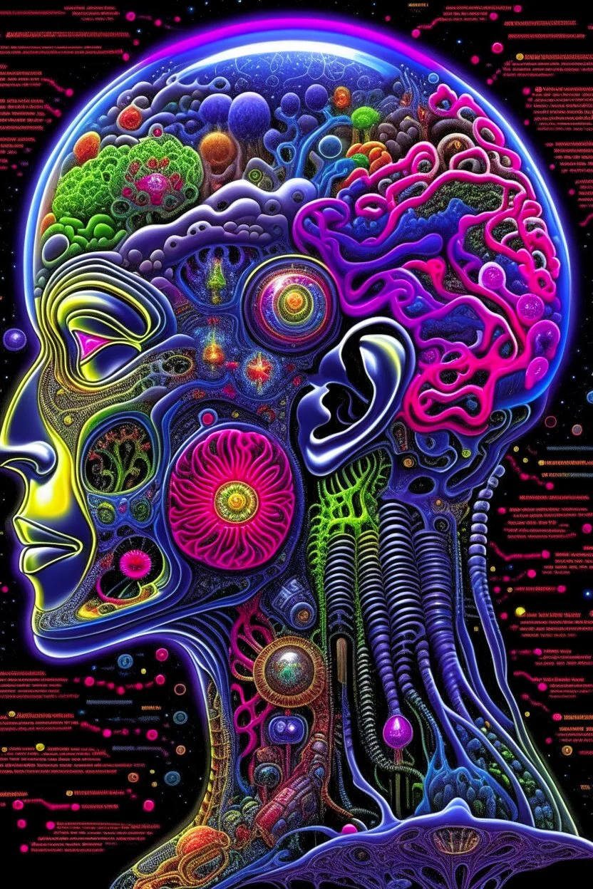 Fantasy00d Technical Diagram, Info graphic, Charts, of A Cosmic Anatomical Human Head, Info Graphic, Scientific, Data Diagram, Nervous System, Galaxy, Vibrant Colors, Midnight Aura, Ultra Detailed, H.R. Giger, Max Ernst, Thomas Kinkade, Robert Gonsalves, dark background