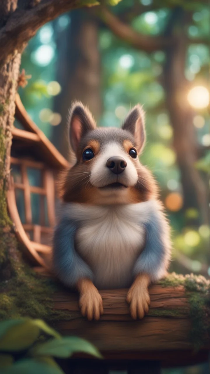 portrait of sleepy dog bug squirrel in a tree house in wonderful enchanted forest by river,bokeh like f/0.8, tilt-shift lens 8k, high detail, smooth render, down-light, unreal engine, prize winning