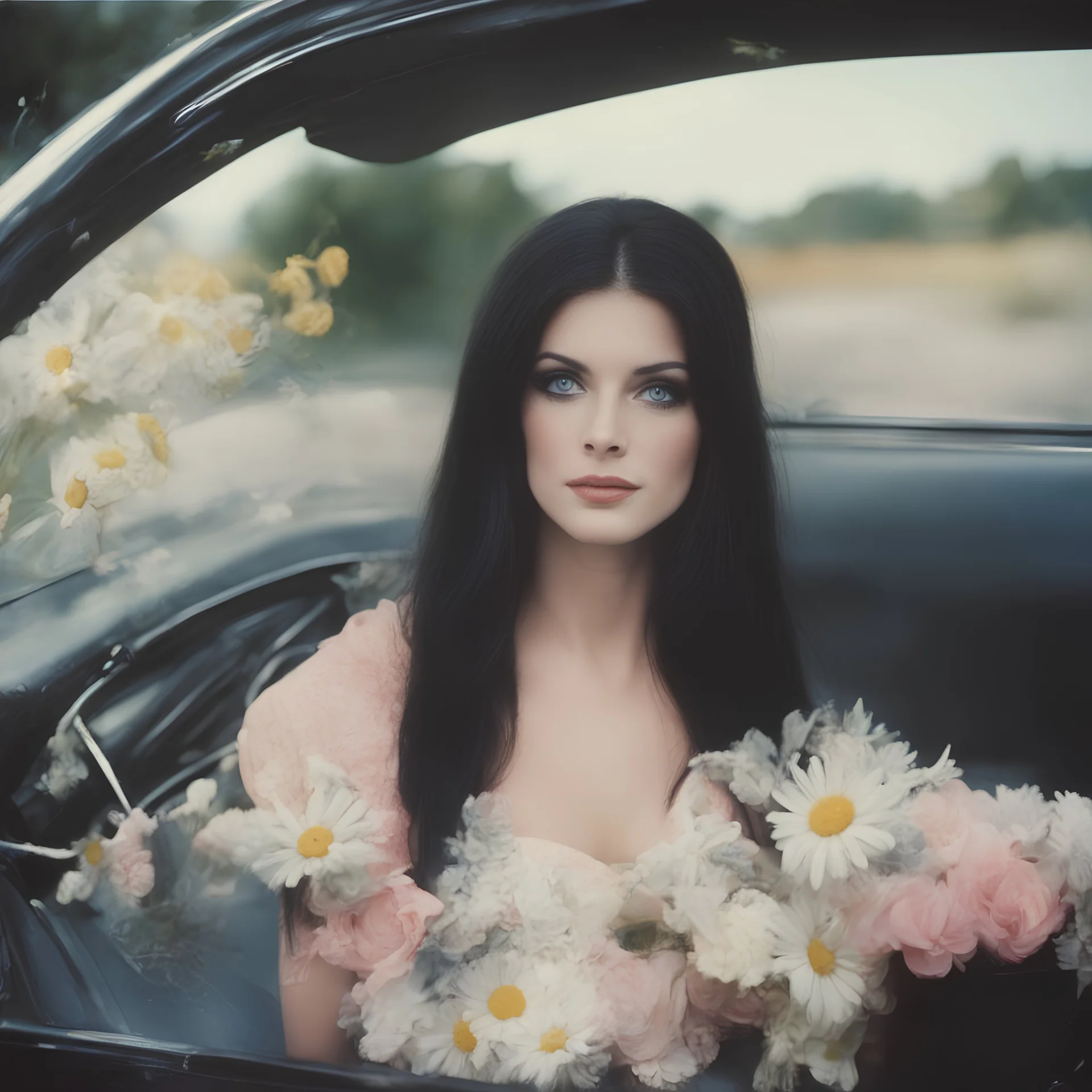 Priscilla presley, long straight black hair, , 1972, big blue eyes, daisies, in a car,,autochrome