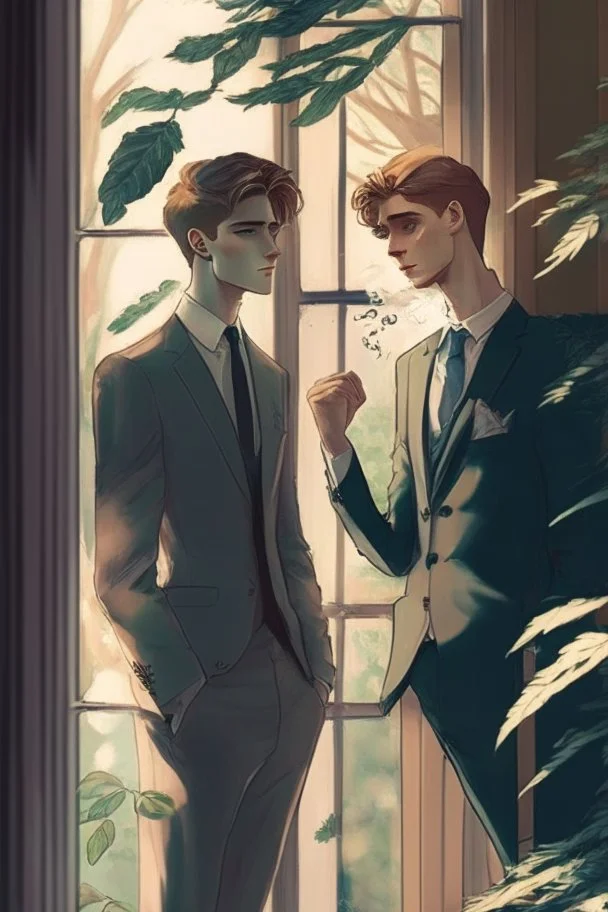 20 Year boy with pretty face he is gay and gentle. smoking behind window while looking outdoor trees. His in a full official suit. his boyfriend beside him. They are happy