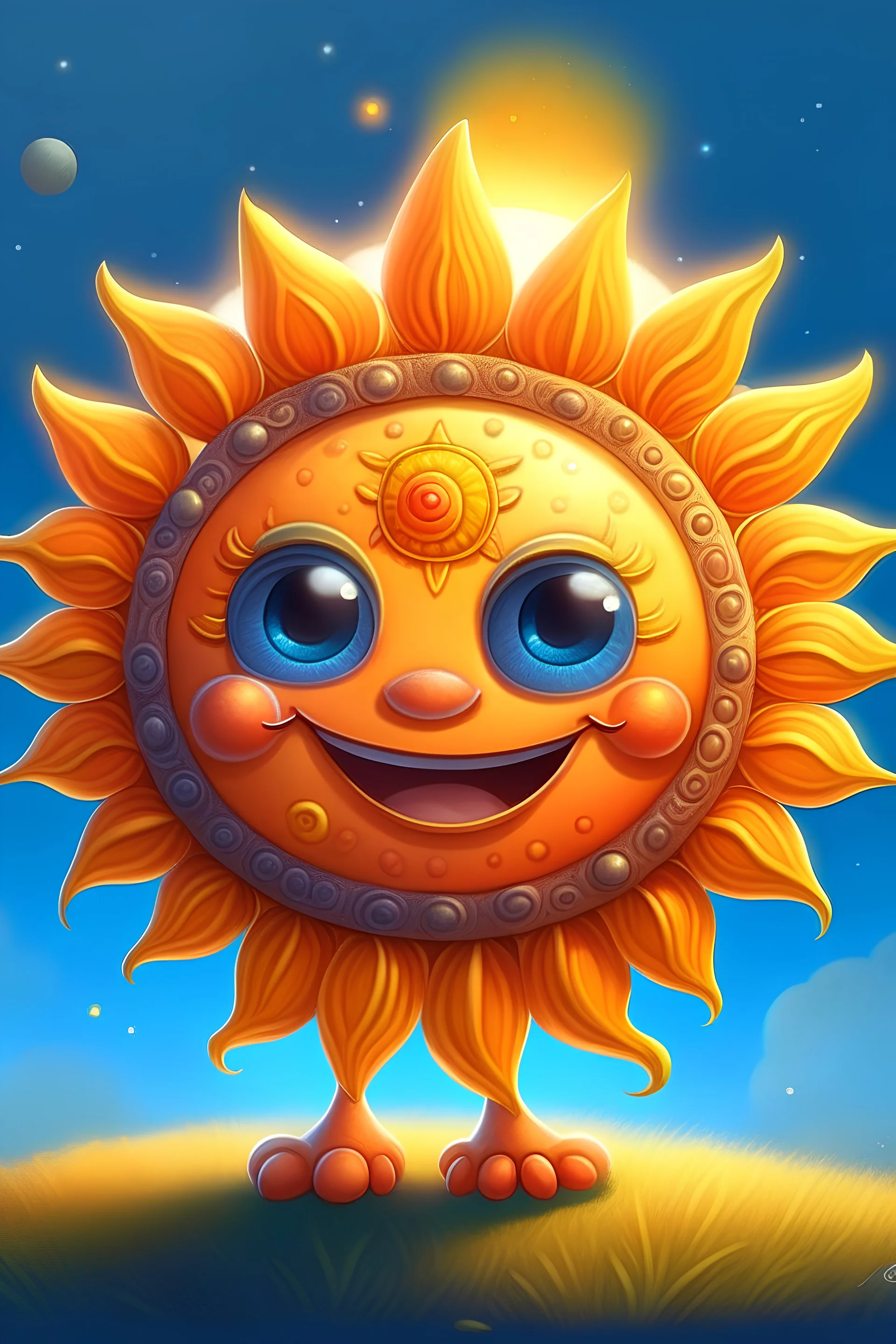 mini-style, painted miniature of a cute and beautiful sun wearing suite, fantasy game, character design, intricate, high detail, clear focus, photorealistic art,smilling sun with full moon, elegant, 8k, oil on canvas, beautiful, colorful. ultra detailed, crisp quality, very cute, vibrant background with small stars