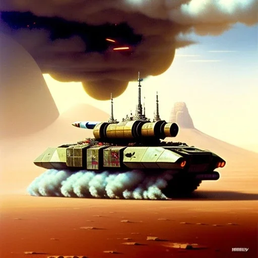 Chris Foss painting of a battle scene with an armored hovercraft with gun turret in the desert with stormy skies and a duststorm