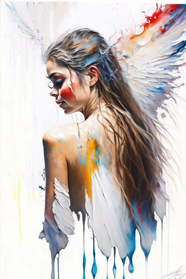 A detailed illustration of a beautiful young female human with growing out of her back. Her skin, hair and face are all made of paint. Her wings are spread. Highly detailed flawless facial features and eyes. Abstract Oil painting splash art. White background, wide angle, abstract design, beautiful, thick flowing paint strokes, dripping paint, fantasy art, modern art, ((soft happy complimentary colors,)) modern aesthetic, focused on the character, 4K resolution.