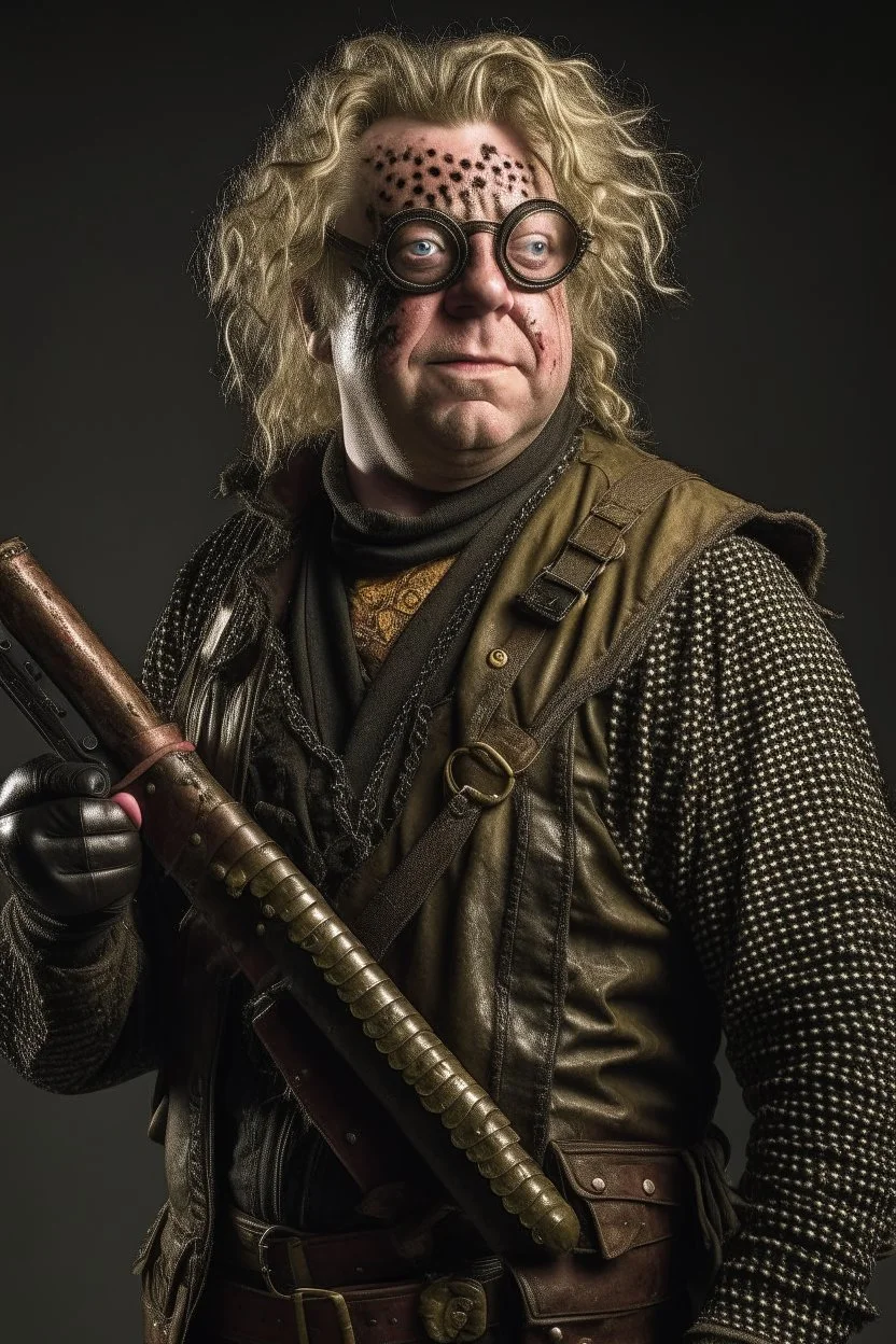 Mad-eye Moody with a chainsaw for a right arm wearing leather armor