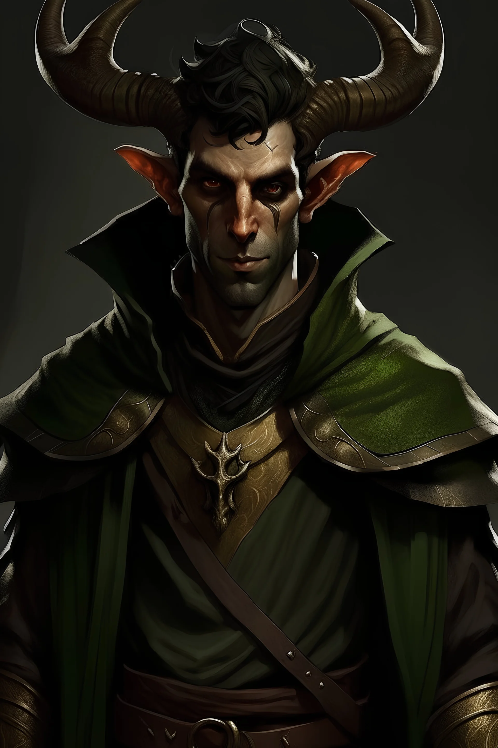 dnd character art of a male tiefling warlock. Short ram-style horns, black eyes, tiny pointed ears, tanned skin, olive complexion, black hair. Dressed in worn, tanned leather armor and a weathered, dark green cloak, styled after a jedi. Cinematic, cgi, unreal engine
